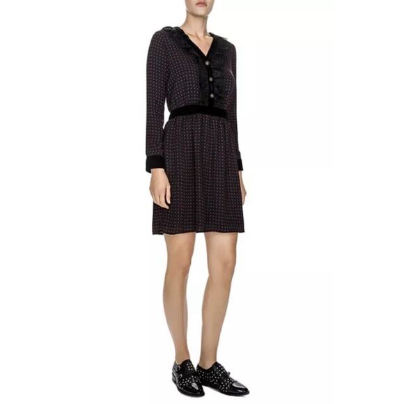 THE KOOPLES Lace Velvet Trim Polka Dot V-Neck Shirt Dress Nordstrom NWT M $325 - Picture 12 of 13